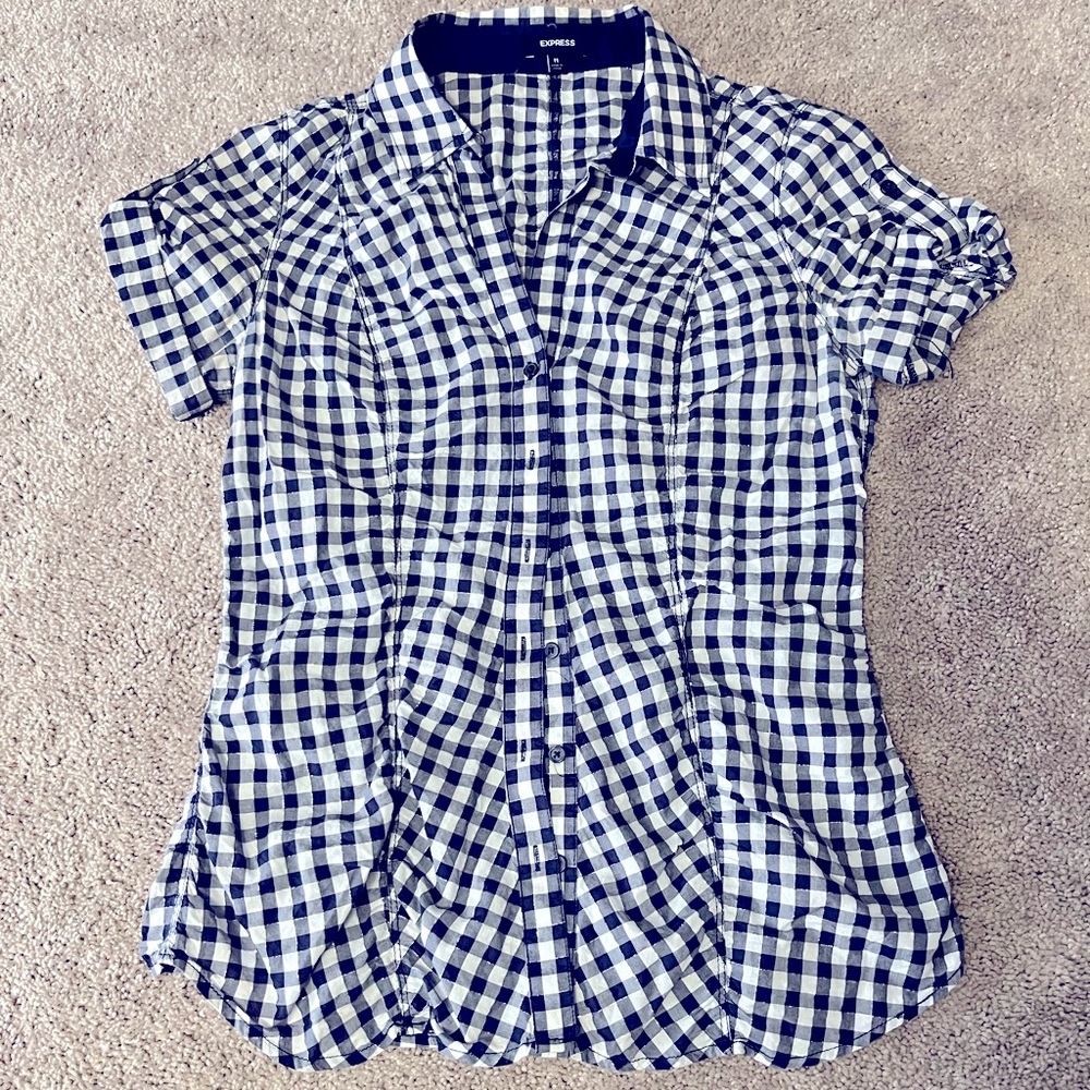 [PRICE FIRM / NO OFFERS]: Express Navy and White Gingham Button-Down Shirt, Sz M